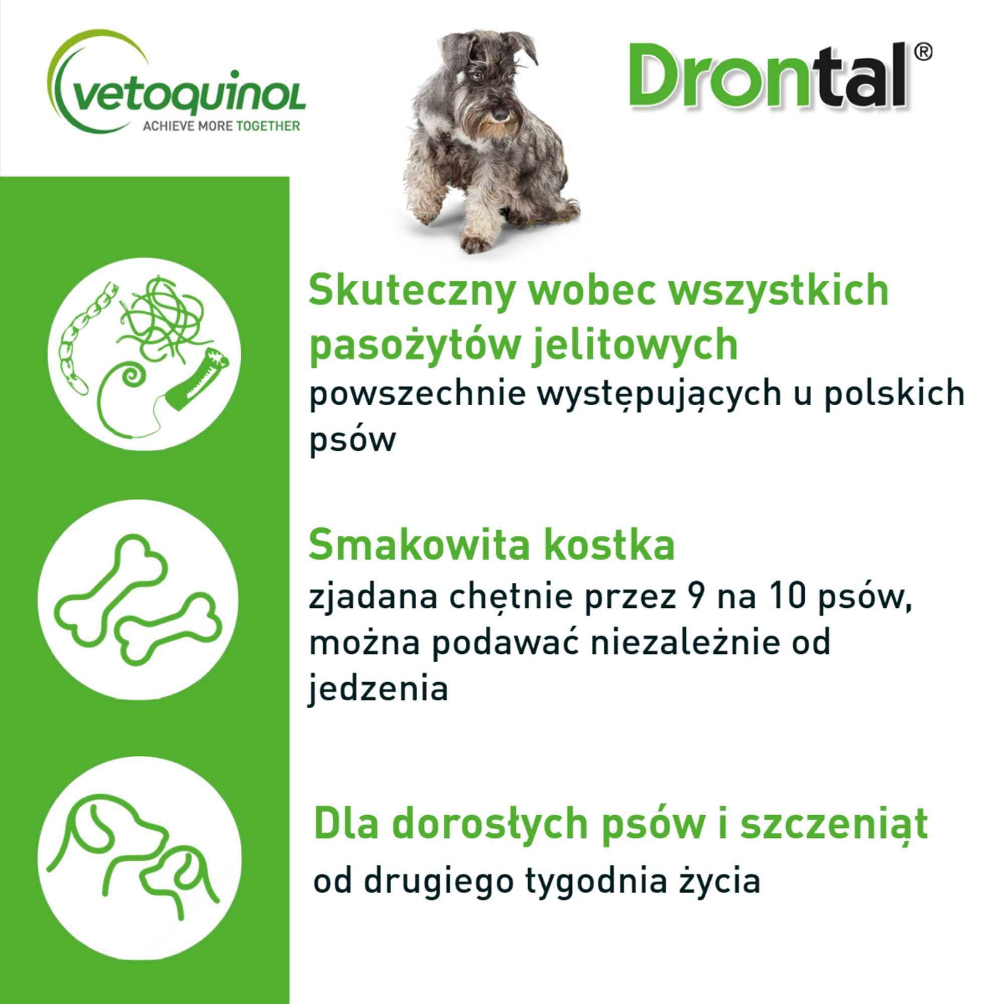 Tabletki przeciwpasożytnicze dla psów małych i średnich ras marki Drontal. Na grafice umieszczona informacja produktowa dotycząca skuteczności, smakowitości oraz przeznaczenia.