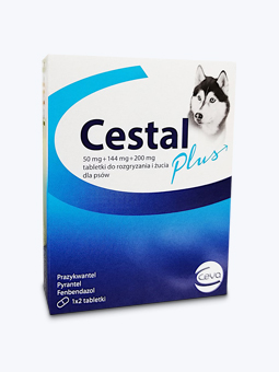 Tabletki przeciwpasożytnicze dla psów, widok opakowania, marka Cestal Ceva.