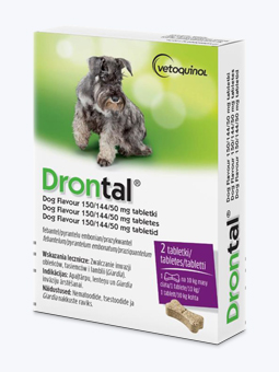 Tabletki przeciwpasożytnicze dla psów małych i średnich ras, widok opakowania, marka Drontal.