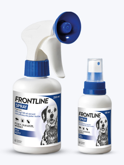 Spray dla psów na kleszcze, pchły i wszoły, widok dwóch rozmiarów 100ml i 250ml, marki Frontline.