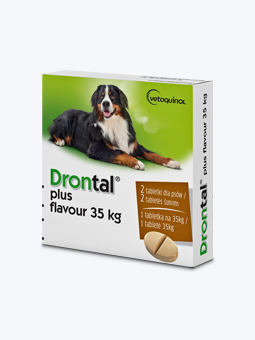Tabletki przeciwpasożytnicze dla psów dużych ras, widok opakowania, marka Drontal.