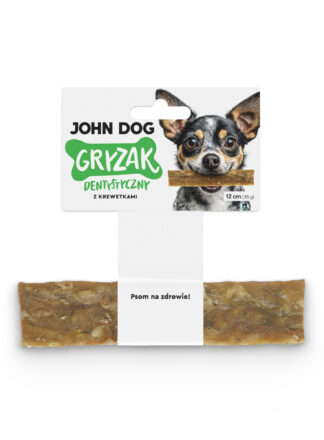 Gryzak dentystyczny z krewetkami dla psa – widok od przodu. Na środku gryzaka znajduje się biała owijka, do której przymocowana jest biała etykieta z zielonym napisem. Po prawej na etykiecie jest pies rasy chihuahua, który trzyma gryzak w zębach.