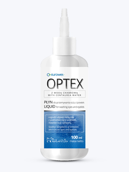Płyn do przemywania oczu i powiek z wodą chabrową, dla zwierząt, Optex, 100ml, Eurowet.