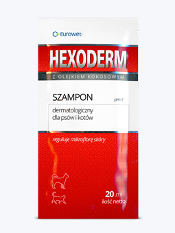 Szampon dermatologiczny z olejkiem kokosowym dla psów lub kotów, Hexoderm, 20ml, Eurowet.