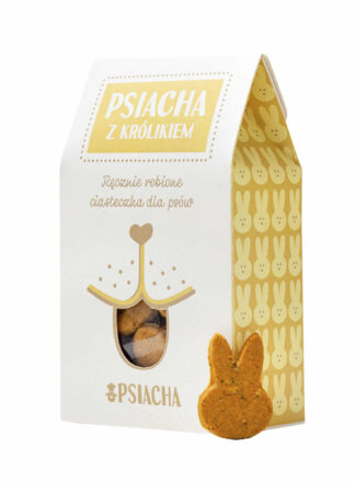 Opakowanie 100g ciastek dla psów z królikiem i batatem. Marka Psiacha. Widok od przodu.