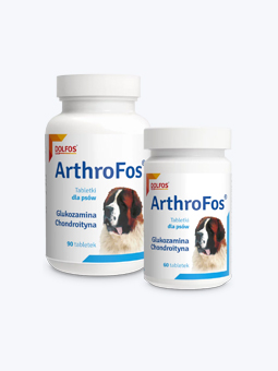 Suplement diety dla psa, tabletki ArthroFos – glukozamina i chondroityna, marki Dolfos. Widok dwóch opakowań 90 tabletek i 60 tabletek.