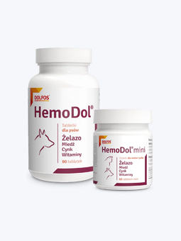 Suplement diety dla psa, tabletki HemoDol – żelazo, miedź, cynk, witaminy, marki Dolfos. Widok dwóch opakowań 90 tabletek i 60 tabletek HemoDol mini.