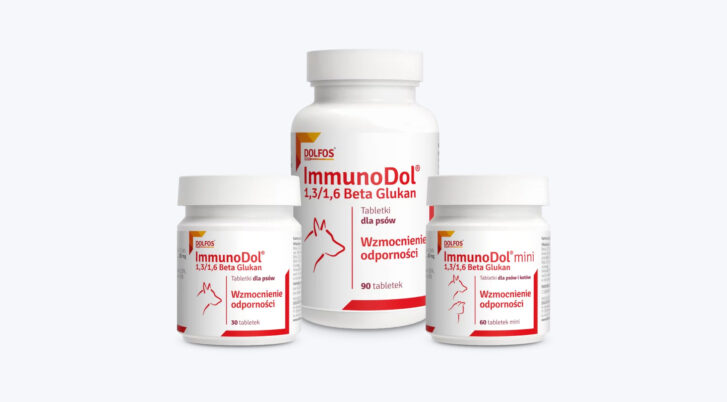 Suplement diety dla psa, tabletki ImmunoDol. Widok trzech opakowań 90 tabletek, 30 tabletek i 60 tabletek ImmunoDol mini, marki Dolfos.
