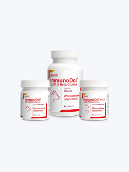Suplement diety dla psa, tabletki ImmunoDol, marki Dolfos. Widok trzech opakowań 90 tabletek, 30 tabletek i 60 tabletek ImmunoDol mini.