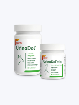 Suplement diety dla psa, tabletki UrinoDol. Widok dwóch opakowań 90 tabletek i 60 tabletek UrinoDol mini, marki Dolfos.