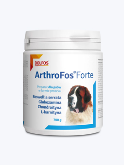 Suplement diety dla psa, w proszku ArthroFos Forte – boswellia serrata, glukozamina, chondroityna, L-karnityna, marki Dolfos. Widok opakowania 700 g.