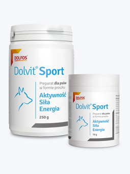 Suplement diety dla psa, w proszku Dolvit Sport, marki Dolfos. Widok opakowania 250 g.