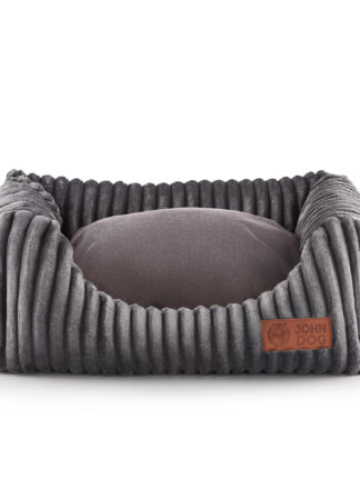 Prążkowane legowisko w kolorze szarym, z wyciągniętą poduchą łatwą w czyszczeniu. Legowisko jest miękkie i przyjemne w dotyku.