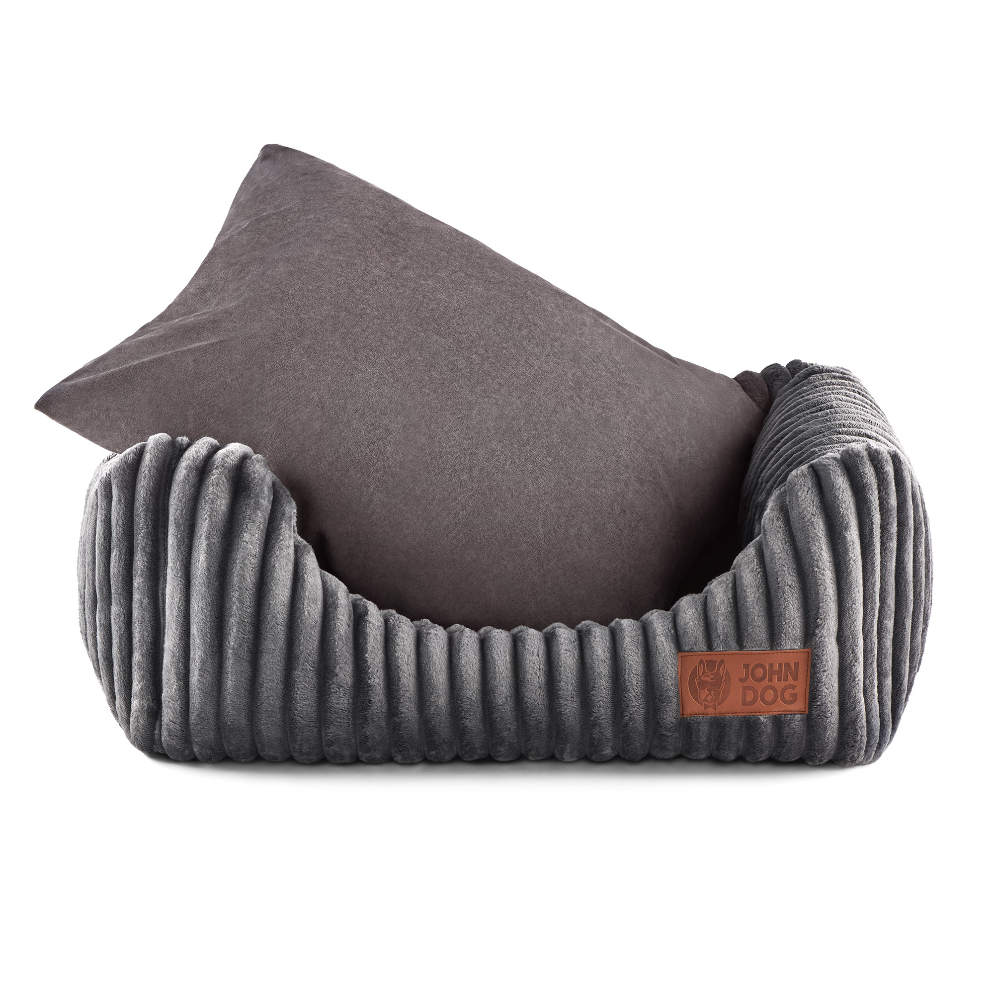 Szare legowisko – kanapa John Dog Black dla psa z wyciąganą, łatwo czyszczącą się poduchą. Legowisko jest wykonane z polaru o strukturze sztruksu.