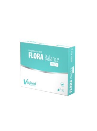 Synbiotyk - probiotyk i prebiotyk dla kota Flora Balance Mini VetFood wniebiesko-białym opakowaniu. 30 tabletek mini dla małych zwierząt.
