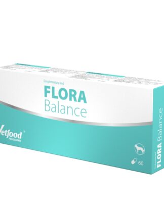 Niebiesko-białe opakowanie suplementu dla psów. Flora Balance Synbiotyk - probiotyk i prebiotyk dla psa i kota VetFood . 60 kapsułek w opakowaniu.