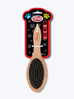 Szczotka z drewna bukowego dwustronna dla psa, widok od frontu szczotki zapakowanej, Pet Nova, listing