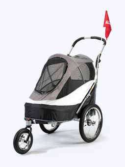 Wózek dla psa, czarno-szary, do biegania i z zestawem do roweru, widok od boku, marka Innopet.