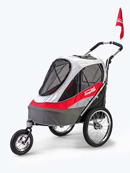 Wózek dla psa, czerwono-szary, do biegania i z zestawem do roweru, widok od boku, marka Innopet.