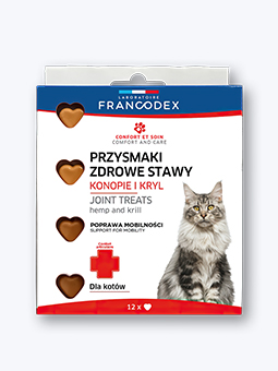 Przysmaki na zdrowe stawy z konopiami i krylem, dla kota, widok opakowania, marka Francodex.