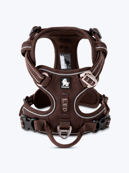 Szelki dla psa, w kolorze brązowym, widok od przodu. Premium, marka TruLove.