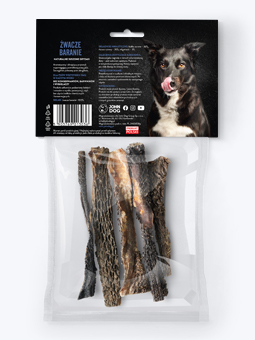 Gryzak naturalny dla psa żwacze baranie 100 g, widok tyłu opakowania, John Dog.