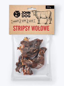 Stripsy wołowe, suszony gryzak naturalny dla psa, marka John Dog, przód opakowania