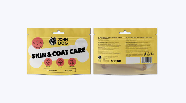 Kość funkcjonalna dla psa, Skin & Coat Care z łososiem, widok opakowania, John Dog.