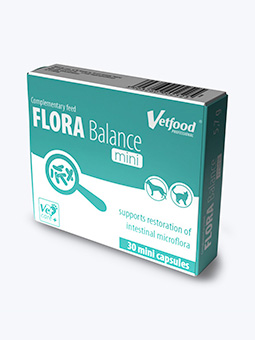 Preparat dla psa lub kota, o masie ciała do 5 kg, Flora balance mini, 30 kapsułek, Vetfood.