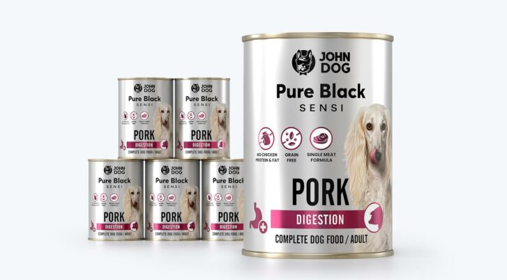 Zestaw 6 x 400 g karmy mokrej dla psa Pure Black Sensi Pork Digestion, John Dog.