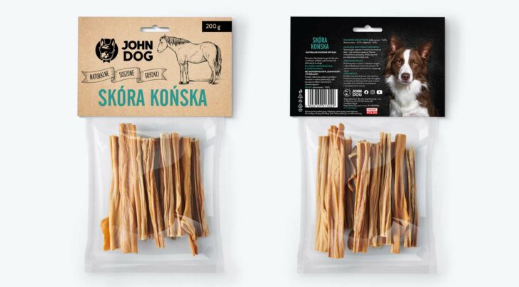 Skóra końska, suszony gryzak naturalny dla psa, marka John Dog, przód i tył opakowania.
