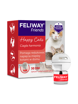 Feliway Friends, dyfuzor z wkładem uzupełniającym dla kotów, efektywnie redukujący napięcie i agresję między kotami w domowym środowisku.