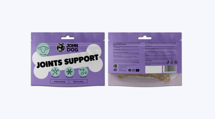 Kość funkcjonalna dla psa, Joints Support z jagnięciną, widok przodu i tyłu opakowania, John Dog.