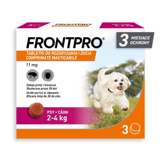 Tabletki na pchły i kleszcze dla psów ras olbrzymich, 2-4kg masy ciała, rozmiar S, 3 tabletki w opakowaniu, marka FrontPro.