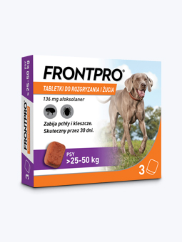 Tabletki na pchły i kleszcze dla psów ras olbrzymich, 25-50kg masy ciała, rozmiar XL, 3 tabletki w opakowaniu, marka FrontPro.