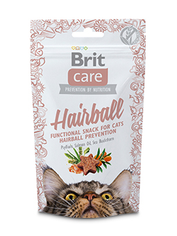 Przysmaki dla kota Brit Care Hairball na kule włosowe, psyllium, olej z łososia i rokitnik.