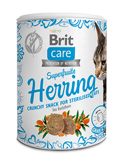 Przysmaki dla kota Brit Care Superfruits Herring, śledź i rokitnik.