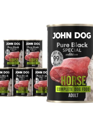 Zestaw 6 puszek monobiałkowej karmy mokrej dla psa John Dog z linii Pure Black Special Edition, smak konina, puszki 400 g. 5 puszek ułożonych jest w piramidę z lewej strony, z prawej strony 1 puszka jest powiększona. Opakowanie jest w czarnej etykiecie z dużym zielonym napisem „Horse”, zdjęciem kawałka surowego mięsa i białego psa rasy samoyed, karma dla psów dorosłych.