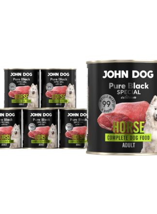 Zestaw 6 puszek monobiałkowej karmy mokrej dla psa John Dog z linii Pure Black Special Edition, smak konina, puszki 800 g. 5 puszek ułożonych jest w piramidę z lewej strony, z prawej strony 1 puszka jest powiększona. Opakowanie jest w czarnej etykiecie z dużym zielonym napisem „Horse”, zdjęciem kawałka surowego mięsa i białego psa rasy samoyed, karma dla psów dorosłych.