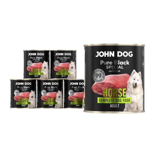 Zestaw 6 puszek monobiałkowej karmy mokrej dla psa John Dog z linii Pure Black Special Edition, smak konina, puszki 800 g. 5 puszek ułożonych jest w piramidę z lewej strony, z prawej strony 1 puszka jest powiększona. Opakowanie jest w czarnej etykiecie z dużym zielonym napisem „Horse”, zdjęciem kawałka surowego mięsa i białego psa rasy samoyed, karma dla psów dorosłych.