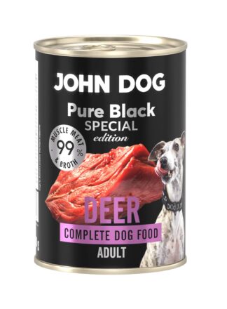 Monobiałkowa karma mokra dla psa John Dog z linii Pure Black Special Edition, smak jeleń, puszka 400 g. Opakowanie w czarnej etykiecie z dużym fioletowym napisem „Deer”, zdjęciem kawałka surowego mięsa i pręgowanego psa rasy whippet, karma dla psów dorosłych.
