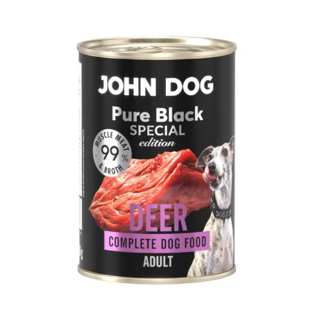 Monobiałkowa karma mokra dla psa John Dog z linii Pure Black Special Edition, smak jeleń, puszka 400 g. Opakowanie w czarnej etykiecie z dużym fioletowym napisem „Deer”, zdjęciem kawałka surowego mięsa i pręgowanego psa rasy whippet, karma dla psów dorosłych.
