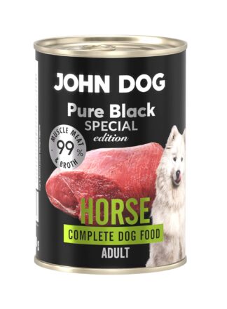 Monobiałkowa karma mokra dla psa John Dog z linii Pure Black Special Edition, smak konina, puszka 400 g. Opakowanie w czarnej etykiecie z dużym zielonym napisem „Horse”, zdjęciem kawałka surowego mięsa i białego psa rasy samoyed, karma dla psów dorosłych.