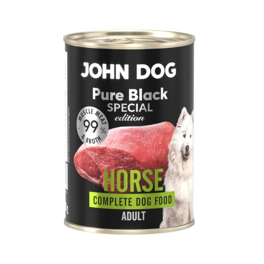 Monobiałkowa karma mokra dla psa John Dog z linii Pure Black Special Edition, smak konina, puszka 400 g. Opakowanie w czarnej etykiecie z dużym zielonym napisem „Horse”, zdjęciem kawałka surowego mięsa i białego psa rasy samoyed, karma dla psów dorosłych.
