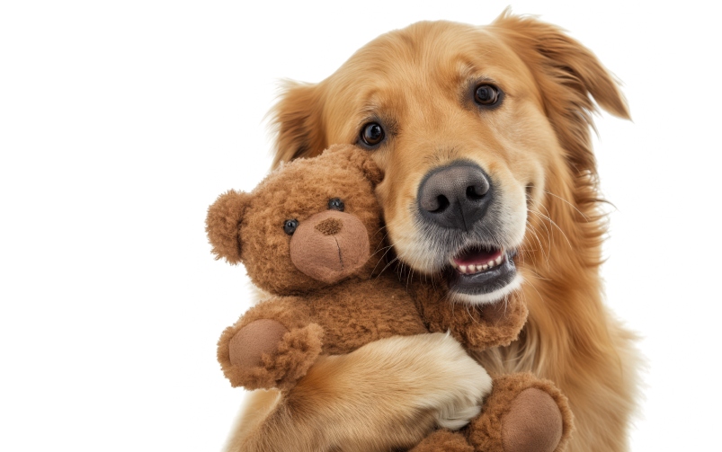 Zdjęcie psa rasy golden retriever przytulającego brązowego misia zabawkę.