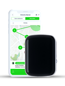 Lokalizator GPD dla psa, marka Locon Dog Max. Z tyłu stoi telefon z aplikacją, na której widać trasę.