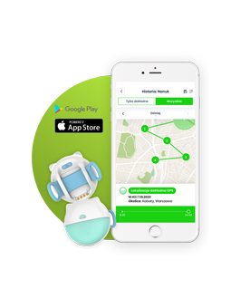 Lokalizator GPS Locon Dog Mini, w kolorze niebieskim, dla psa i kota. Wizualizacja aplikacji z trasą na telefonie.