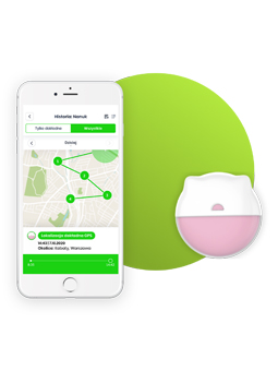 Lokalizator GPS Locon Dog Mini, w kolorze różowym, dla psa i kota. Wizualizacja aplikacji z trasą na telefonie.