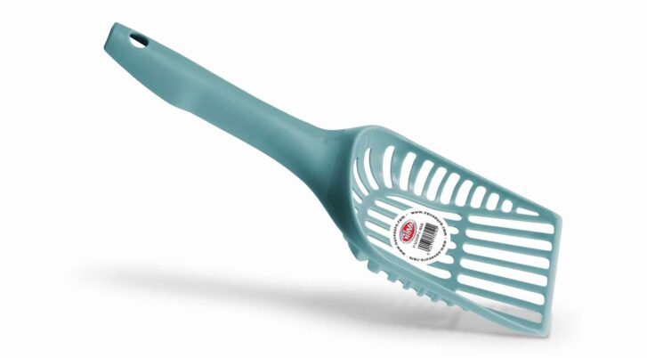 Łopatka do kuwety dla kota Scoop blue, kolor niebieski morski, zdjęcie z etykietą.