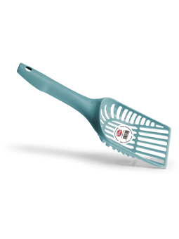 Łopatka do kuwety dla kota Scoop blue, kolor niebieski morski, zdjęcie z etykietą.